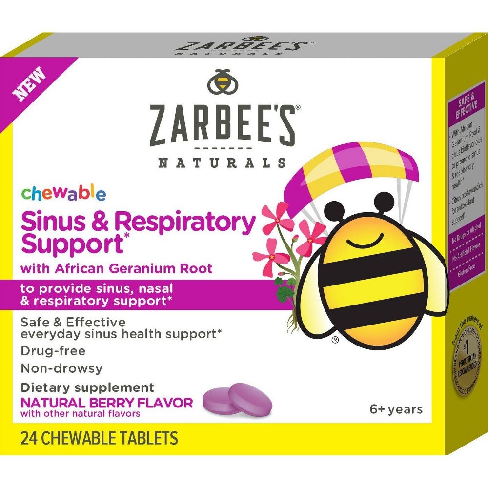 slide 3 of 6, Zarbee's Naturals Children's Chewable Sinus & Respiratory Support - Natural Berry Flavor, 24 ct