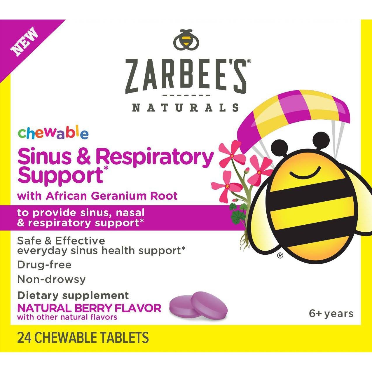 slide 1 of 6, Zarbee's Naturals Children's Chewable Sinus & Respiratory Support - Natural Berry Flavor, 24 ct