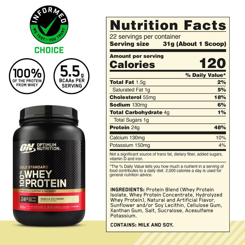 slide 7 of 17, Optimum Nutrition Gold Standard 100% Whey Protein Powder - Vanilla Ice Cream - 22 Servings - 24oz, 22 servings, 24 oz