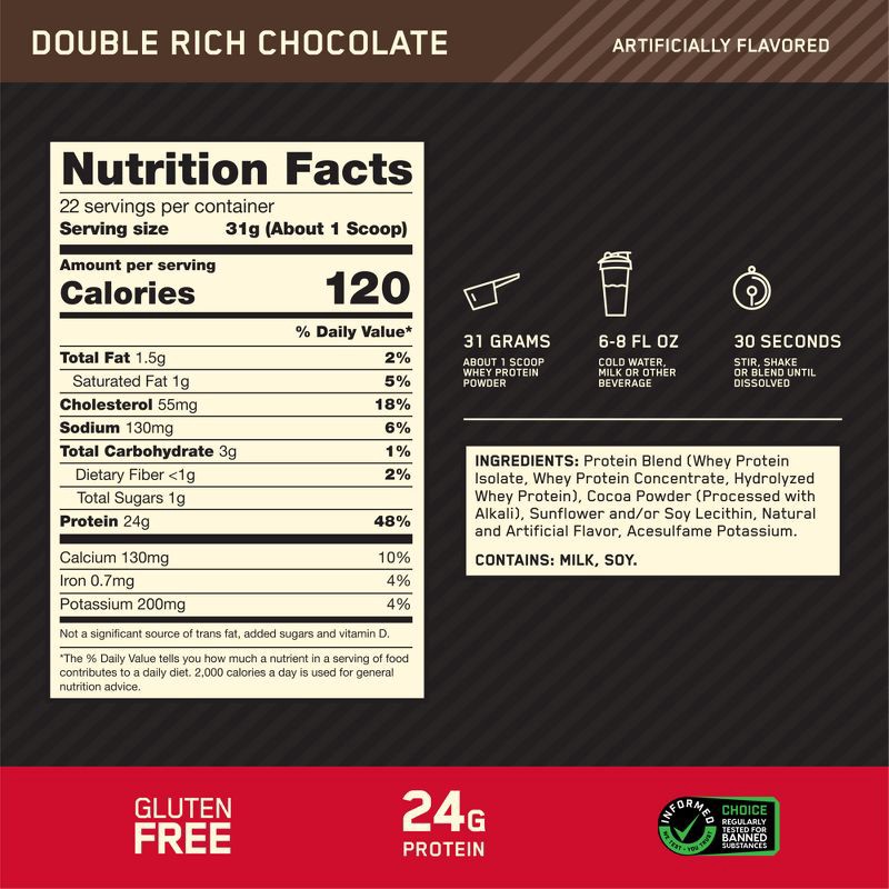 slide 4 of 15, Optimum Nutrition Gold Standard 100% Whey Protein Powder - Double Rich Chocolate - 22 Servings - 23.59oz, 22 servings, 23.59 oz