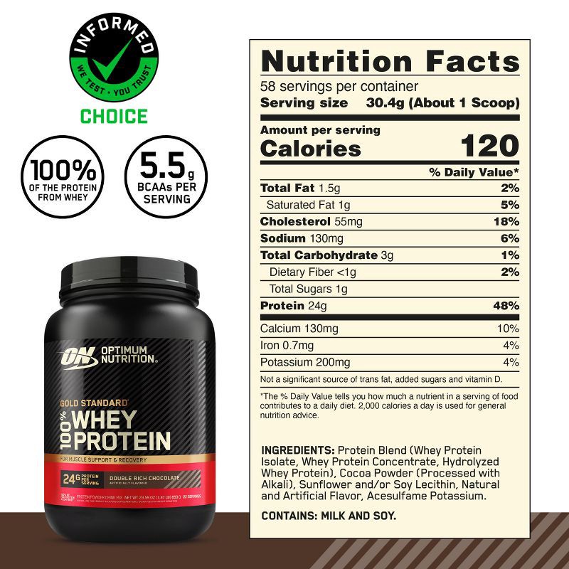 slide 7 of 15, Optimum Nutrition Gold Standard 100% Whey Protein Powder - Double Rich Chocolate - 22 Servings - 23.59oz, 22 servings, 23.59 oz