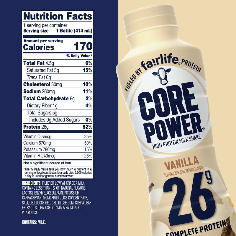 slide 6 of 7, Core Power Vanilla 26G Protein Shake - 14 fl oz Bottle, 26 gram, 14 fl oz