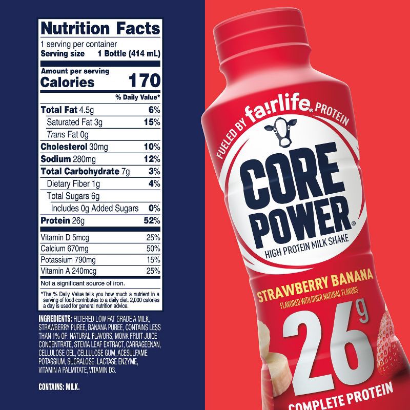 slide 6 of 8, Core Power Strawberry Banana 26G Protein Shake - 14 fl oz Bottle, 26 gram, 14 fl oz
