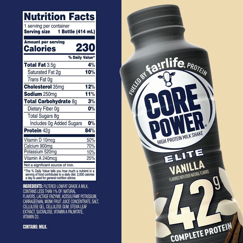 slide 6 of 8, Core Power Elite Vanilla 42G Protein Shake - 14 fl oz Bottle, 42 gram, 14 fl oz