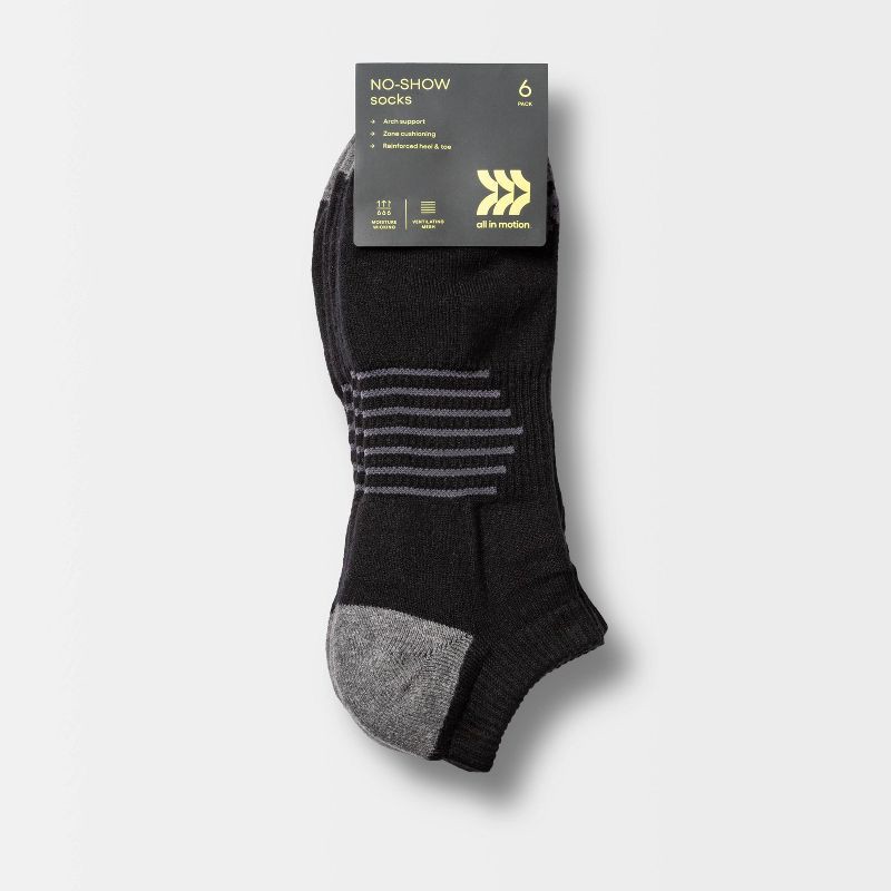 slide 2 of 3, Men's Striped Arch No Show Socks 6pk - All In Motion™ Black 6-12: Moisture Wicking, Reinforced Toe, 6 ct
