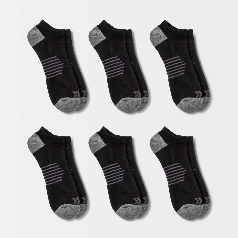 slide 1 of 3, Men's Striped Arch No Show Socks 6pk - All In Motion™ Black 6-12: Moisture Wicking, Reinforced Toe, 6 ct