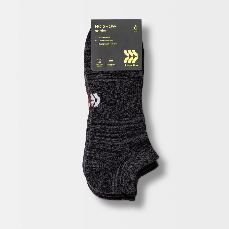 slide 2 of 3, Men's Random Feed No Show Socks 6pk - All In Motion™ Black 6-12: Moisture Wicking, Arch Support, 6 ct