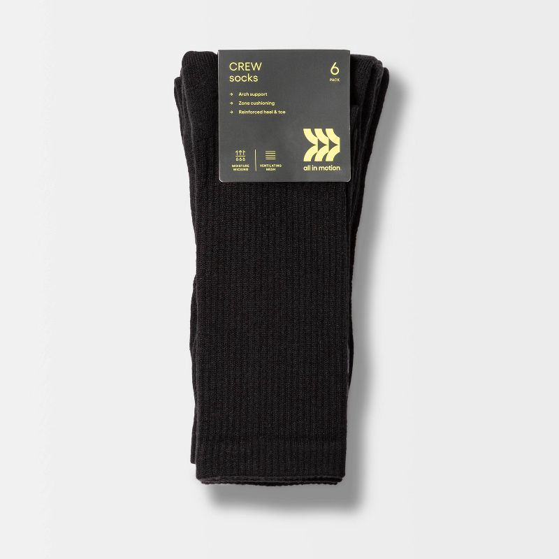 slide 2 of 3, Men's Active Crew Socks 6pk - All In Motion™ Black 6-12: Moisture Wicking, Arch Support, Reinforced Heel/Toe, 6 ct