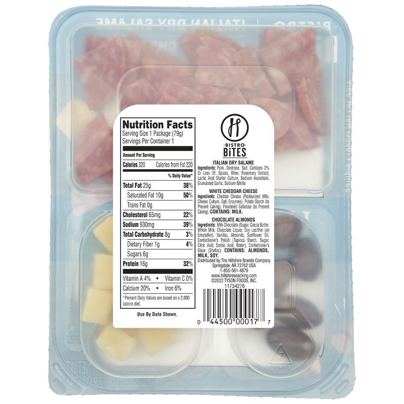 slide 2 of 5, Hillshire Farm Snacking Bistro Bites with Italian Dry Salami, White Cheddar & Chocolate Almonds - 2.8oz, 2.8 oz