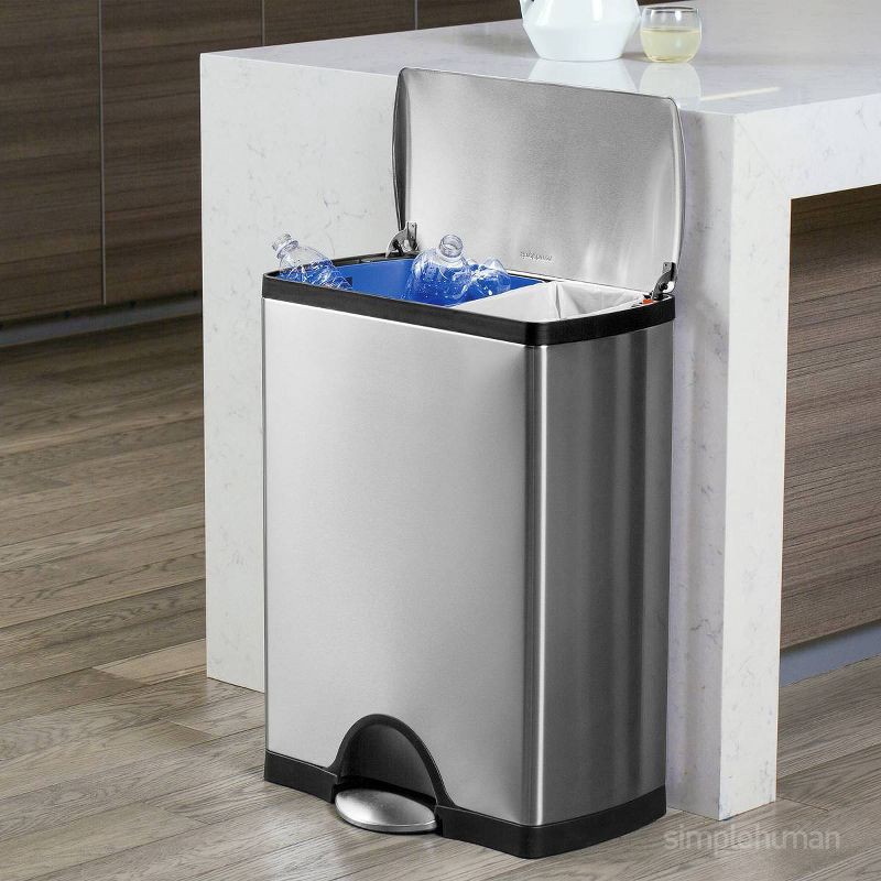 slide 3 of 8, simplehuman 46L Dual Compartment Kitchen Step Trash Can & Recycler Stainless Steel Garbage Can with Fingerprint Proof Finish, 46 liter