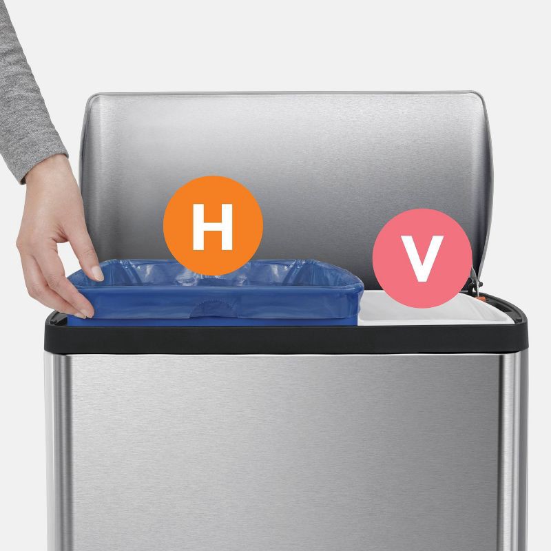 slide 4 of 8, simplehuman 46L Dual Compartment Kitchen Step Trash Can & Recycler Stainless Steel Garbage Can with Fingerprint Proof Finish, 46 liter