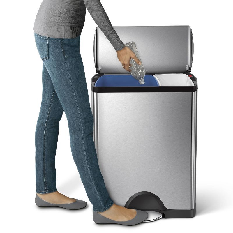 slide 5 of 5, simplehuman 46L Rectangular Dual Compartment Kitchen Step Trash Can Recycler Stainless Steel, 46 liter