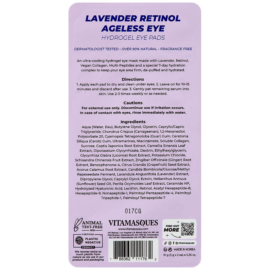 slide 2 of 2, Vitamasques Hydrogel Lavender Retinol Ageless Eye Eye Pads 2 ea, 2 ct