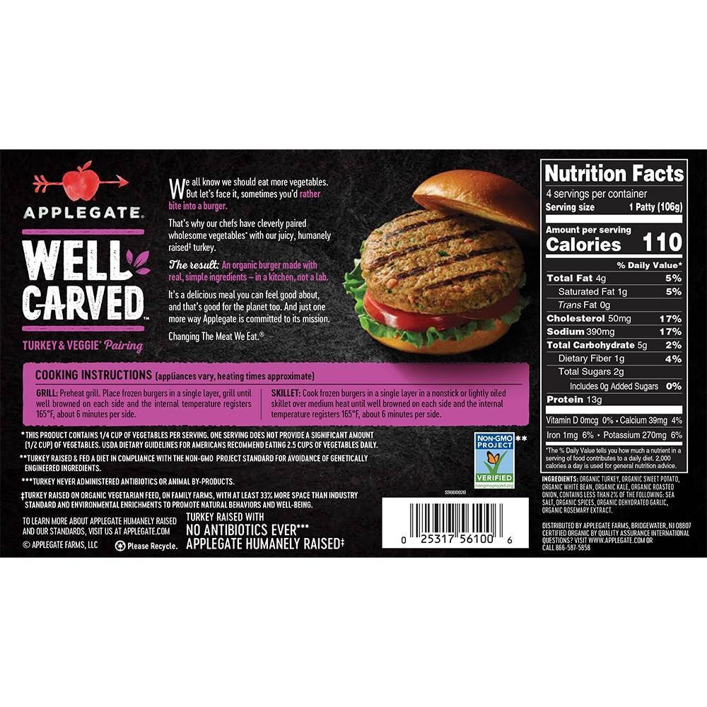 slide 3 of 5, Applegate Farms Applegate Well Carved Organic Turkey & Vegetable Burgers - Frozen, 15 oz