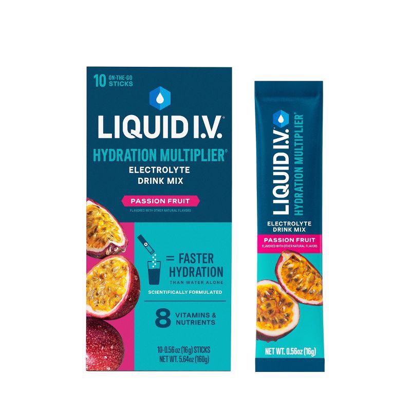 slide 1 of 10, Liquid I.V. Hydration Multiplier Vegan Powder Electrolyte Supplements - Passion Fruit - 0.56oz each/10ct, 0.56 oz; 10 ct