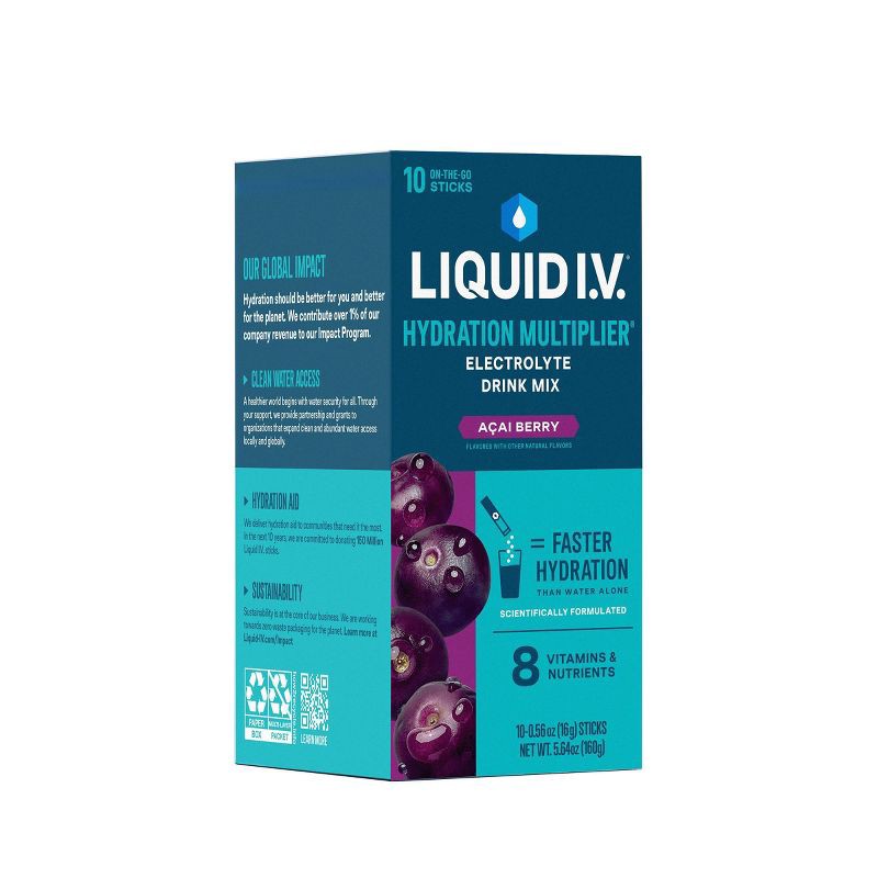 slide 4 of 11, Liquid I.V. Hydration Multiplier Vegan Powder Electrolyte Supplements - Acai Berry - 0.56oz each/10ct, 0.56 oz, 10 ct