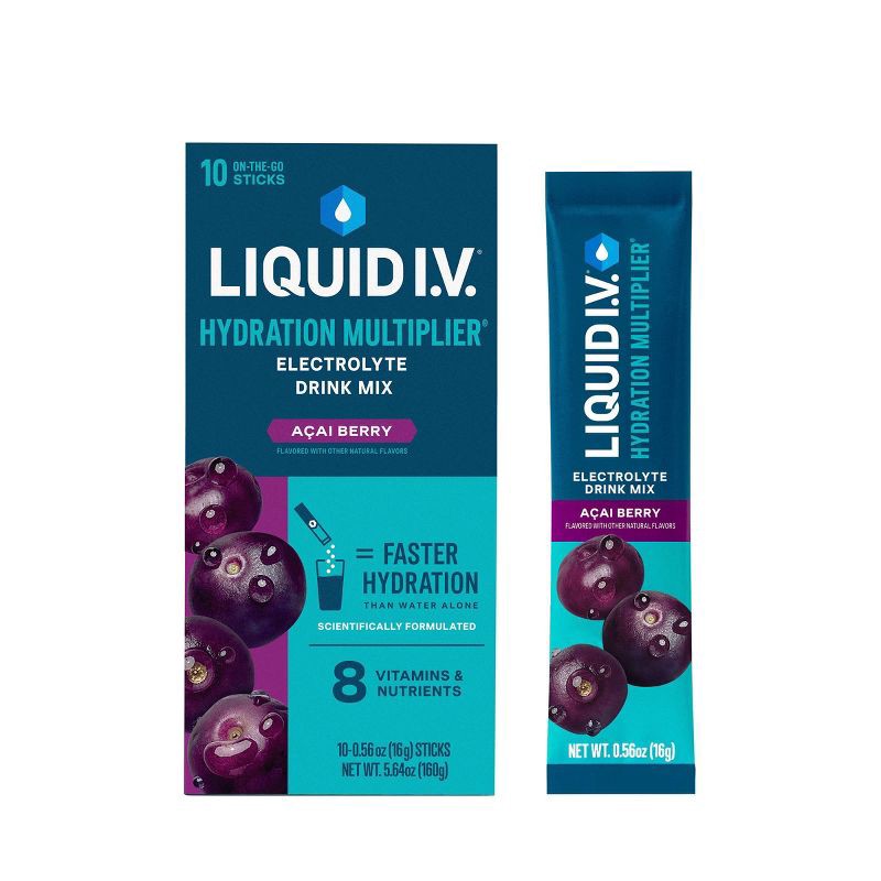 slide 1 of 11, Liquid I.V. Hydration Multiplier Vegan Powder Electrolyte Supplements - Acai Berry - 0.56oz each/10ct, 0.56 oz, 10 ct