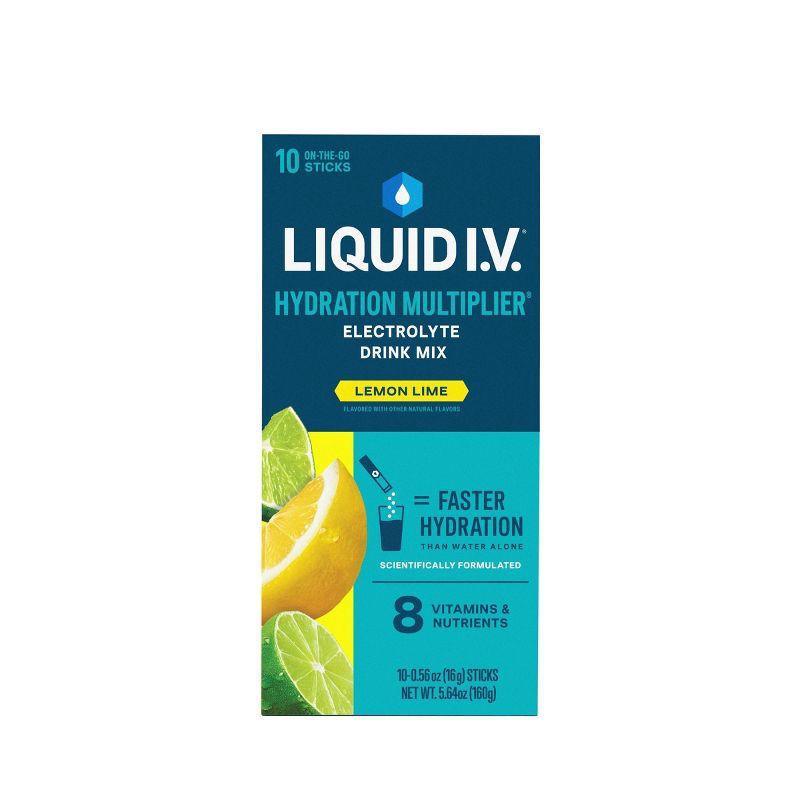 slide 2 of 10, Liquid I.V. Hydration Multiplier Vegan Powder Electrolyte Supplements - Lemon Lime - 0.56oz each/10ct, 0.56 oz, 10 ct