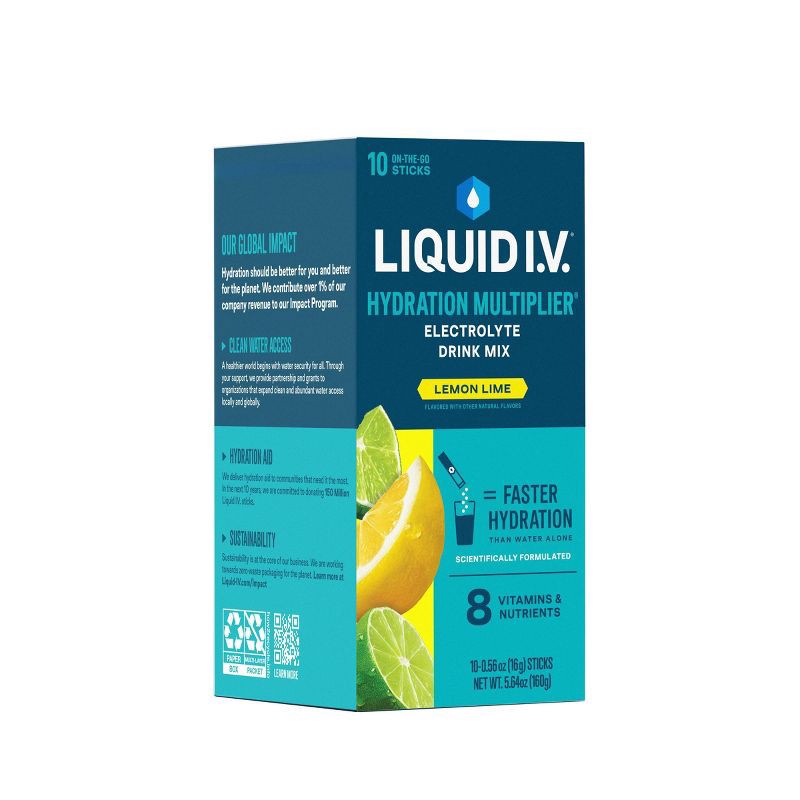 slide 4 of 10, Liquid I.V. Hydration Multiplier Vegan Powder Electrolyte Supplements - Lemon Lime - 0.56oz each/10ct, 0.56 oz, 10 ct