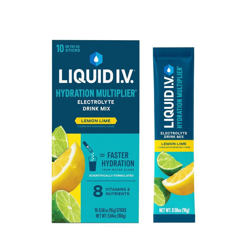 slide 1 of 10, Liquid I.V. Hydration Multiplier Vegan Powder Electrolyte Supplements - Lemon Lime - 0.56oz each/10ct, 0.56 oz, 10 ct