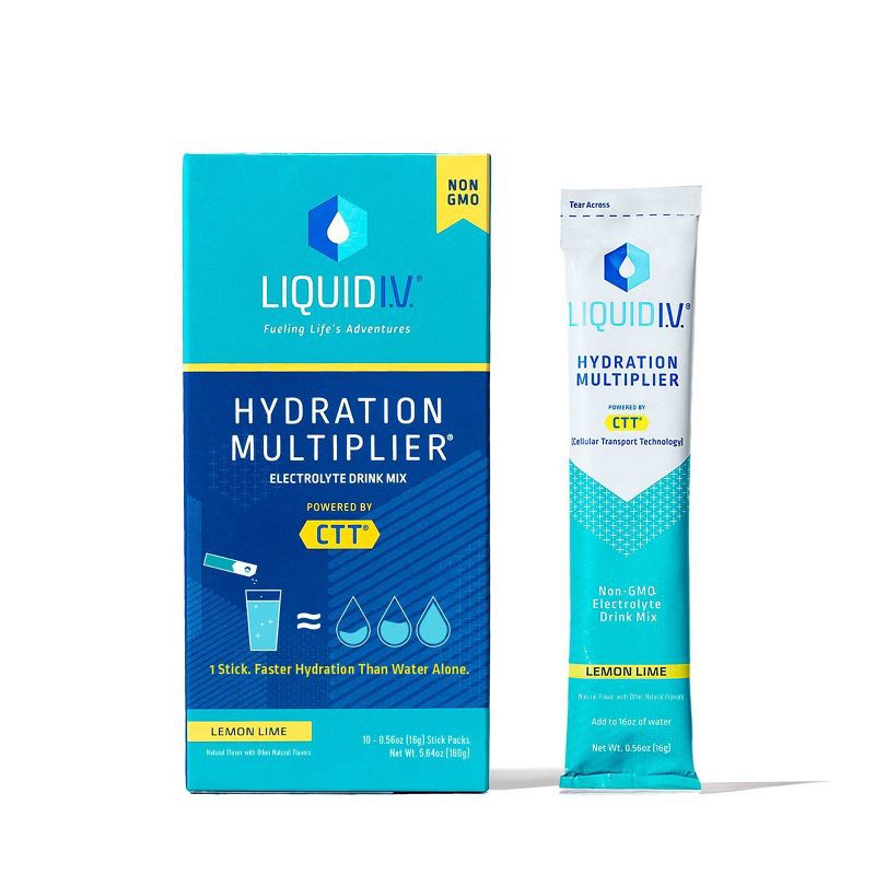 slide 1 of 7, Liquid I.V. Hydration Multiplier Vegan Powder Electrolyte Supplements - Lemon Lime - 0.56oz each/10ct, 0.56 oz, 10 ct