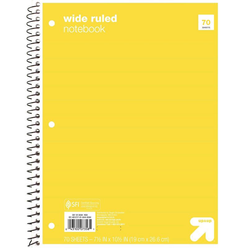 slide 1 of 1, Wide Ruled Yellow 1 Subject Flexible Paperboard Cover Spiral Notebook - up&up™: 70 Pages, 3 Hole Punched, Tween, 7.5x10.5", 1 ct
