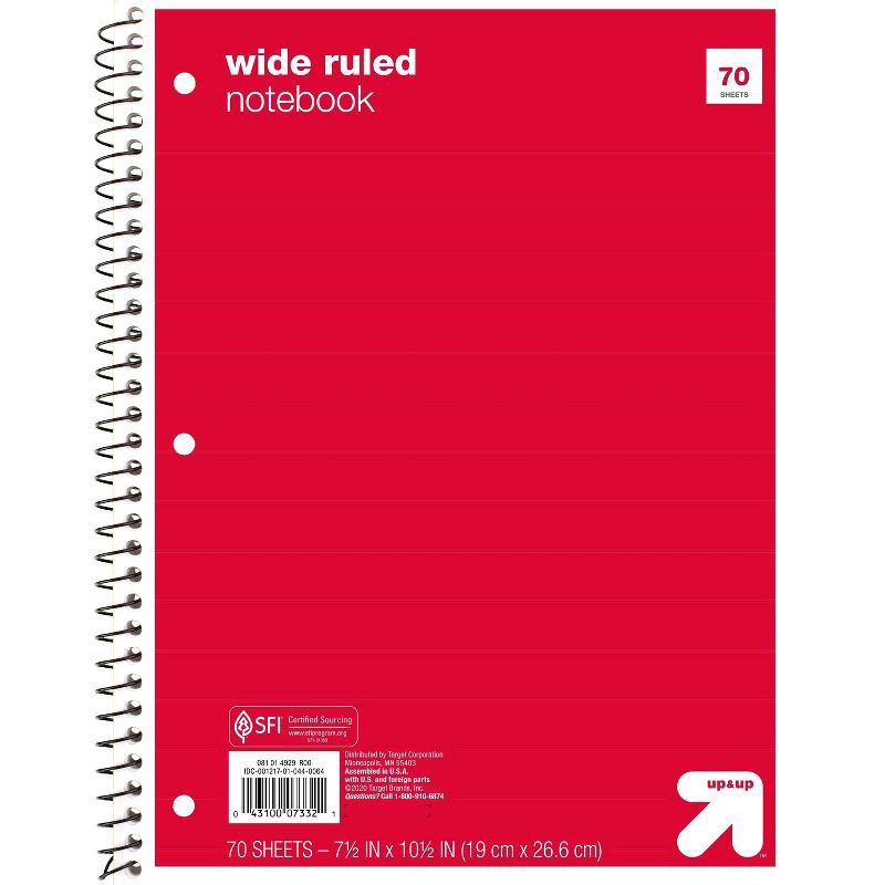 slide 1 of 1, Wide Ruled Red 1 Subject Flexible Paperboard Cover Spiral Notebook - up&up™: 3 Hole Punched, 70 Pages, Tween to Adult, 1 ct