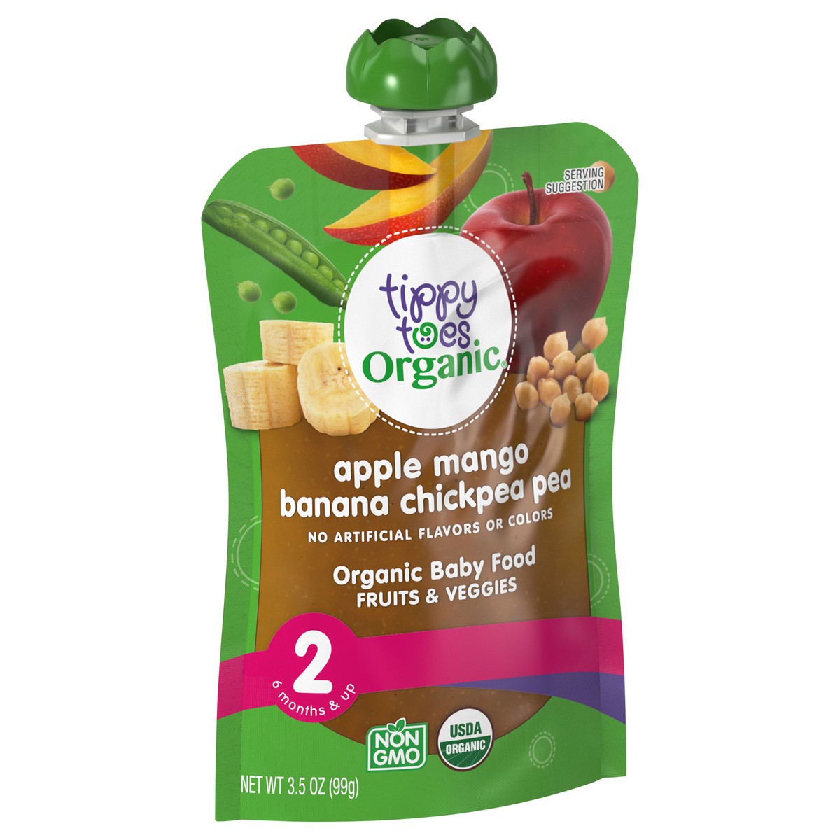 slide 11 of 14, Tippy Toes Organic 2 (6 Months & Up) Apple Mango Banana Chickpea Pea Baby Food 3.5 oz, 