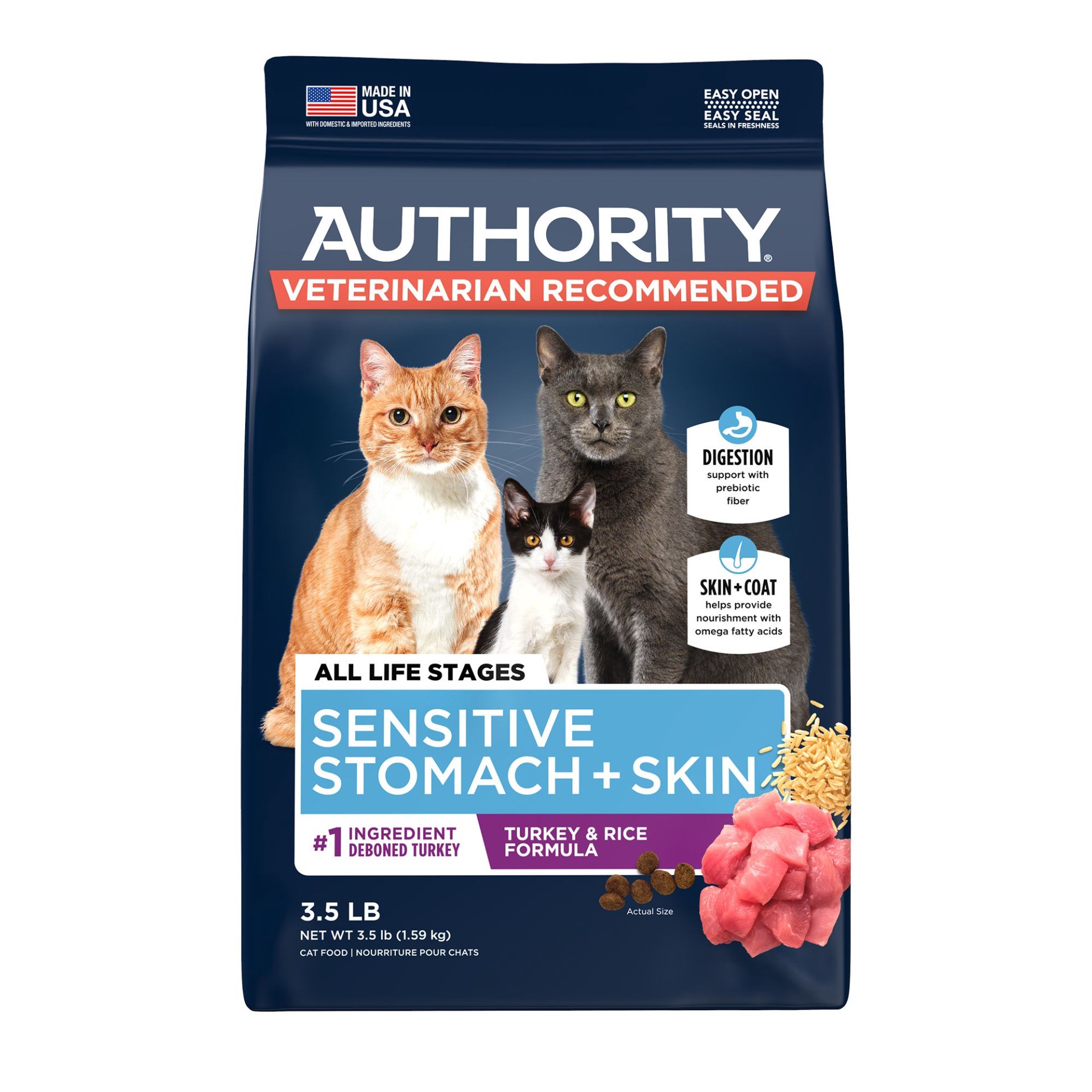 slide 1 of 1, Authority Sensitive Stomach & Skin Cat Dry Food - Turkey & Rice, With-Grain, 3.5 lb