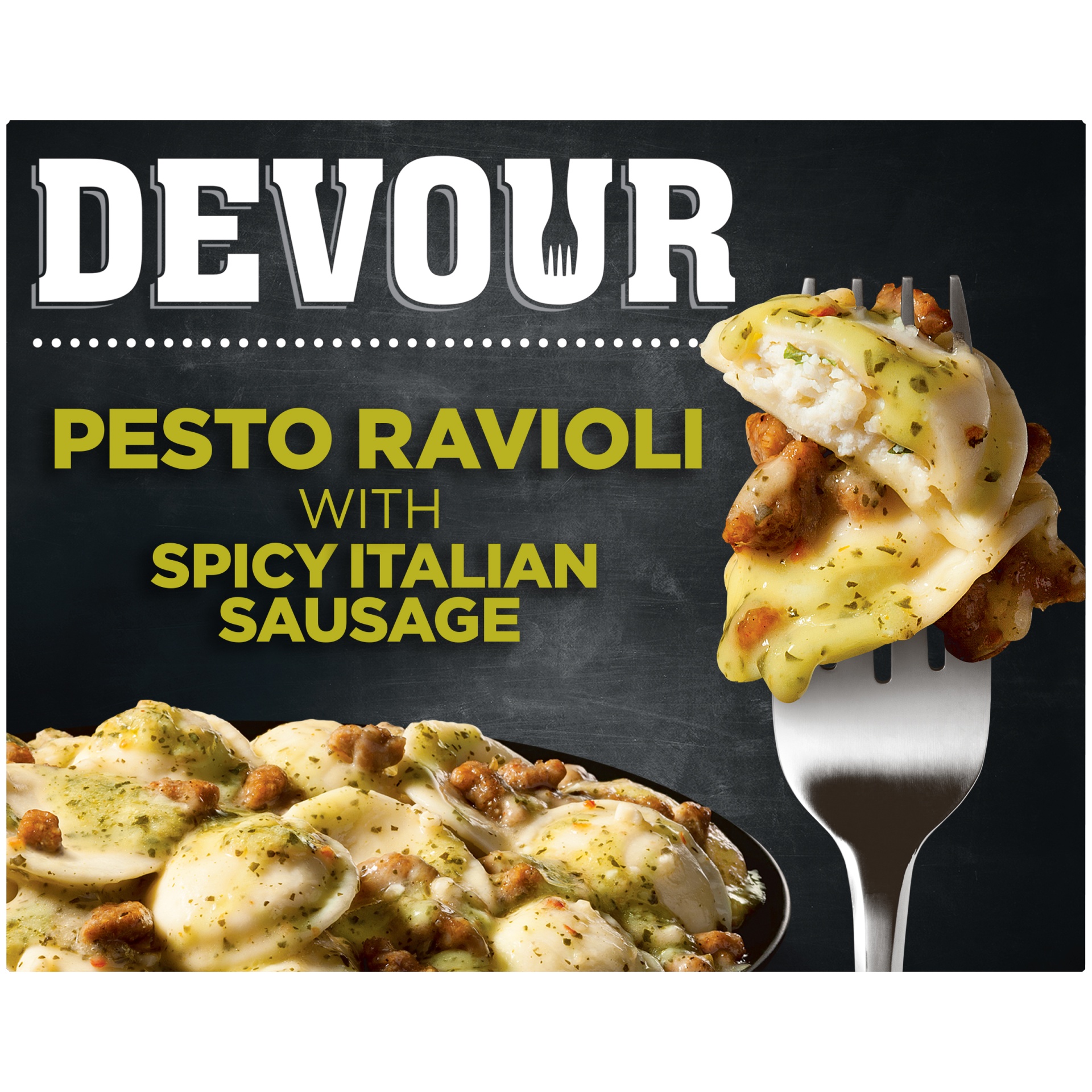 slide 1 of 1, DEVOUR Pesto Ravioli with Spicy Italian Sausage & Classic Basil Frozen Meal, 12 oz