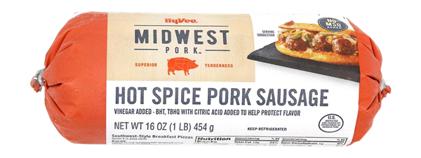 slide 1 of 1, Hy-Vee Midwest Pork Hot Spice Pork Sausage, 16 oz