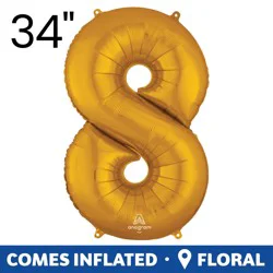 Gold Number 8 Helium Filled Balloon - 34 Inches Big