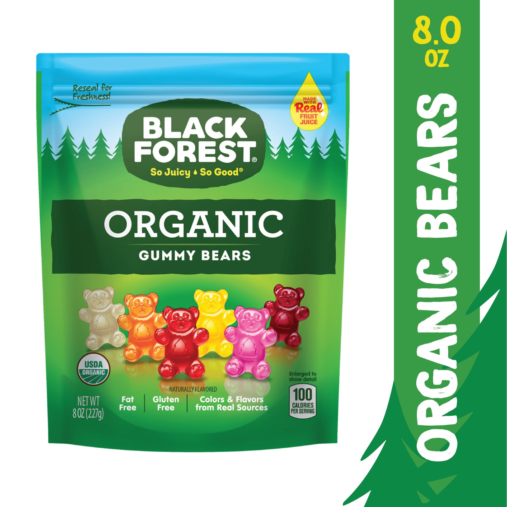 slide 1 of 9, BLACK FOREST ORGANIC 07273 156034 Gummy Bears DOY 3d Render 8oz, 8 oz