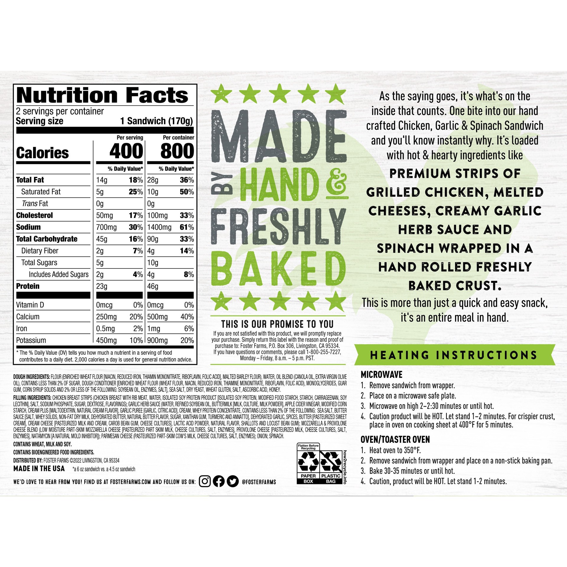 slide 2 of 3, Foster Farms Frozen Hand Crafts Chicken Garlic Spinach Sandwich - 2ct/6oz, 2 ct; 6 oz