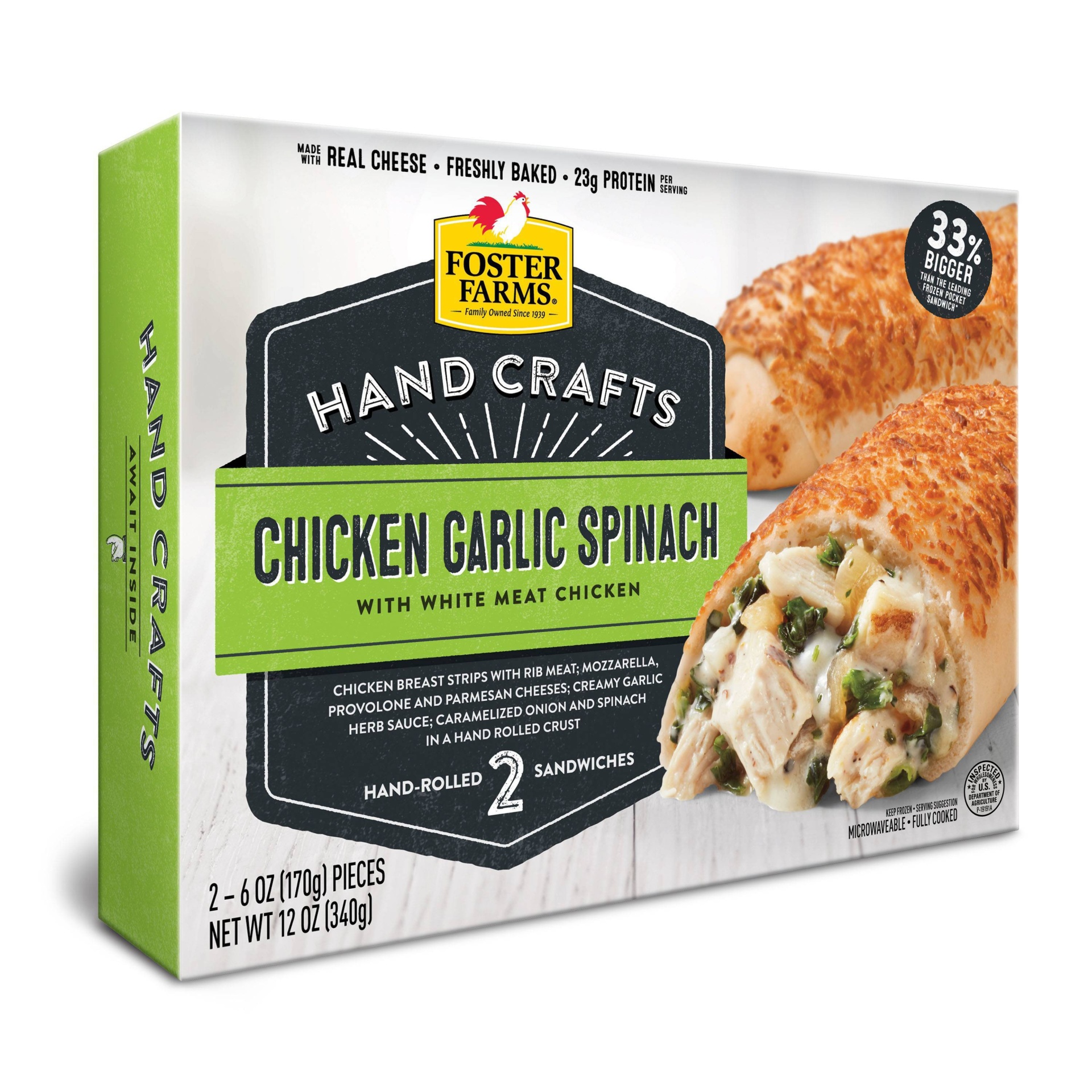 slide 1 of 3, Foster Farms Hand Crafts Sandwiches Hand Rolled Chicken Garlic Spinach, 12 oz