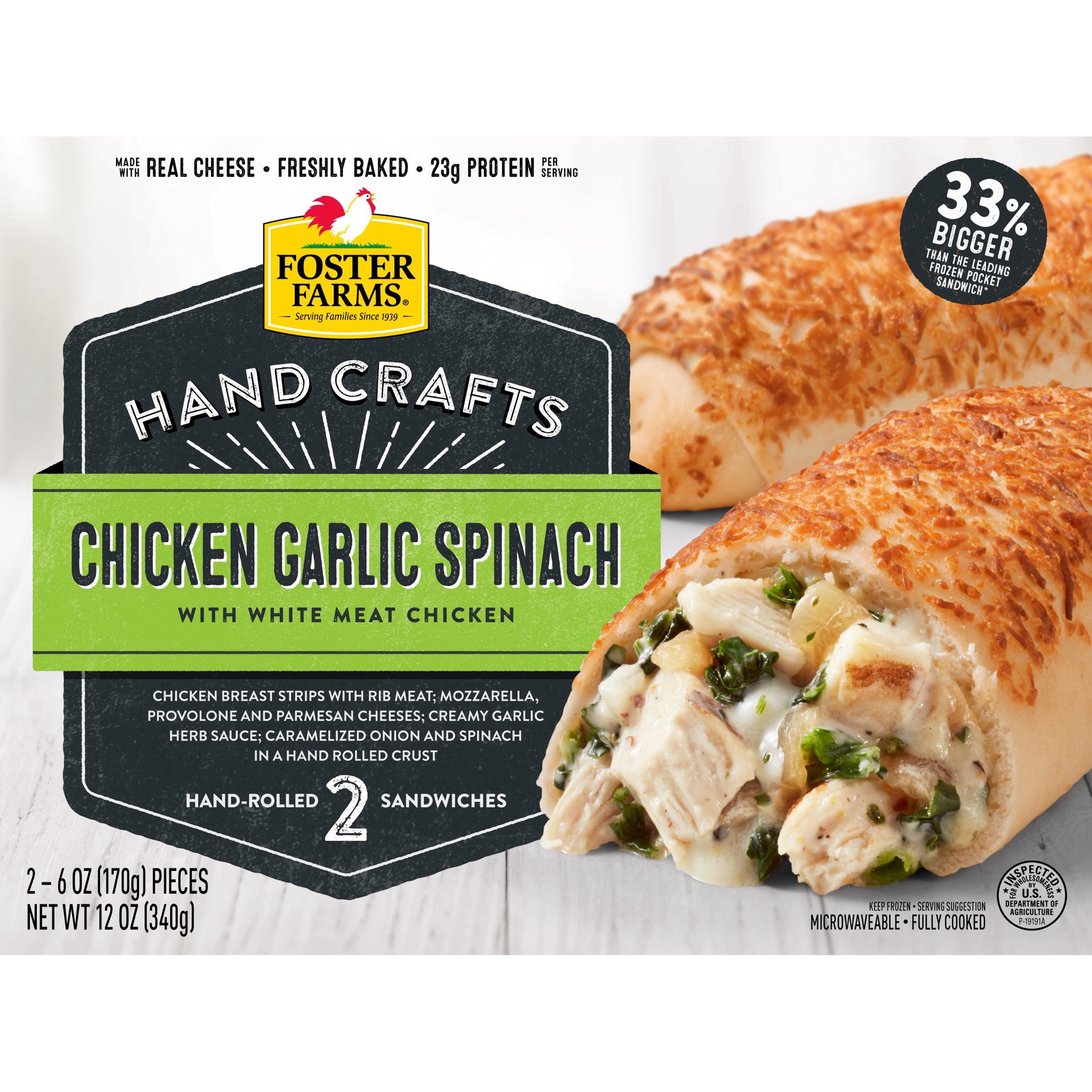 slide 1 of 3, Foster Farms Frozen Hand Crafts Chicken Garlic Spinach Sandwich - 2ct/6oz, 2 ct; 6 oz