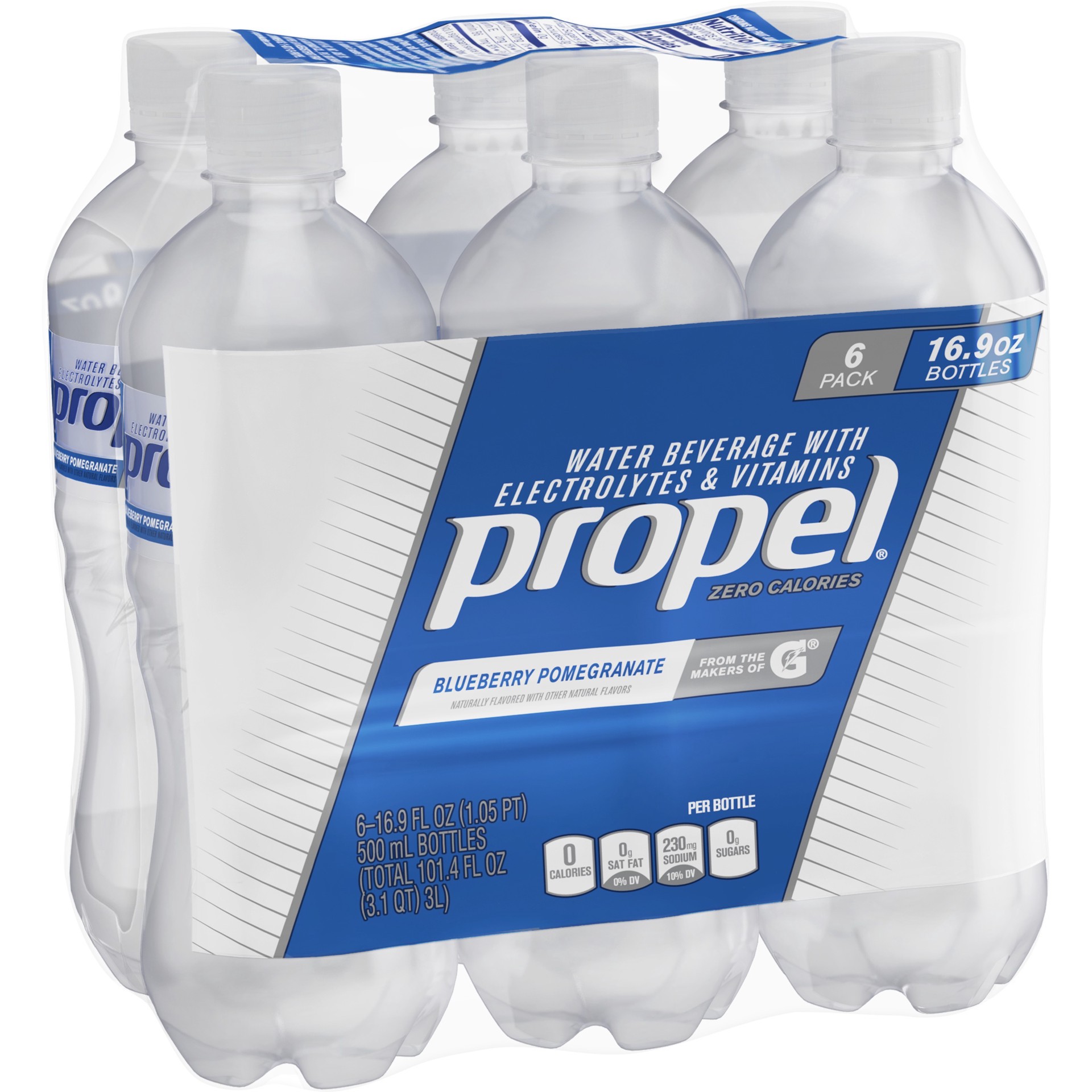 slide 1 of 6, Propel Zero Calories Blueberry Pomegranate Flavored Water (6-16.9 Fluid Ounce) 101.4 Fluid Ounce 6 Pack Plastic Bottles, 101.4 oz