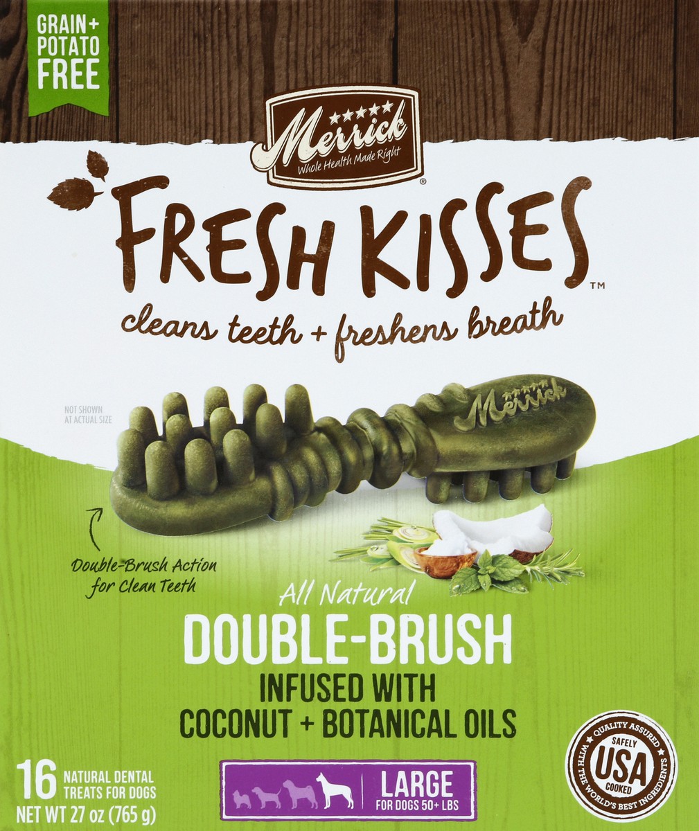 slide 1 of 4, Merrick Fresh Kisses Natural Dental Chews Infused With Coconut And Botanical Oils For Large Dogs Over 50 Lbs, 27 oz