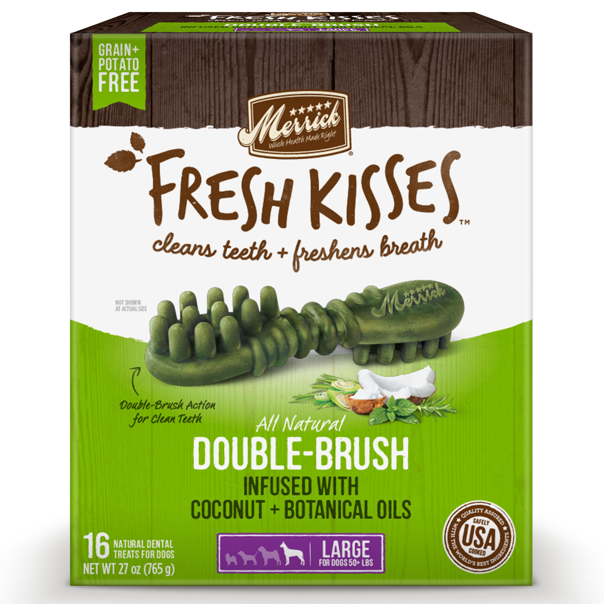 slide 1 of 4, Merrick Fresh Kisses Coconut + Botanical Oils Dental Dog Treats For Large Breeds - 27 oz Box with 16 Brushes, 27 oz