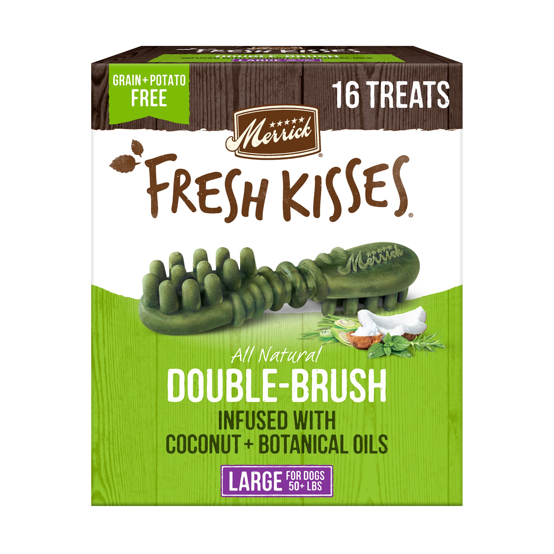 slide 1 of 4, Merrick Fresh Kisses Natural Dental Chews Infused With Coconut And Botanical Oils For Large Dogs Over 50 Lbs, 27 oz