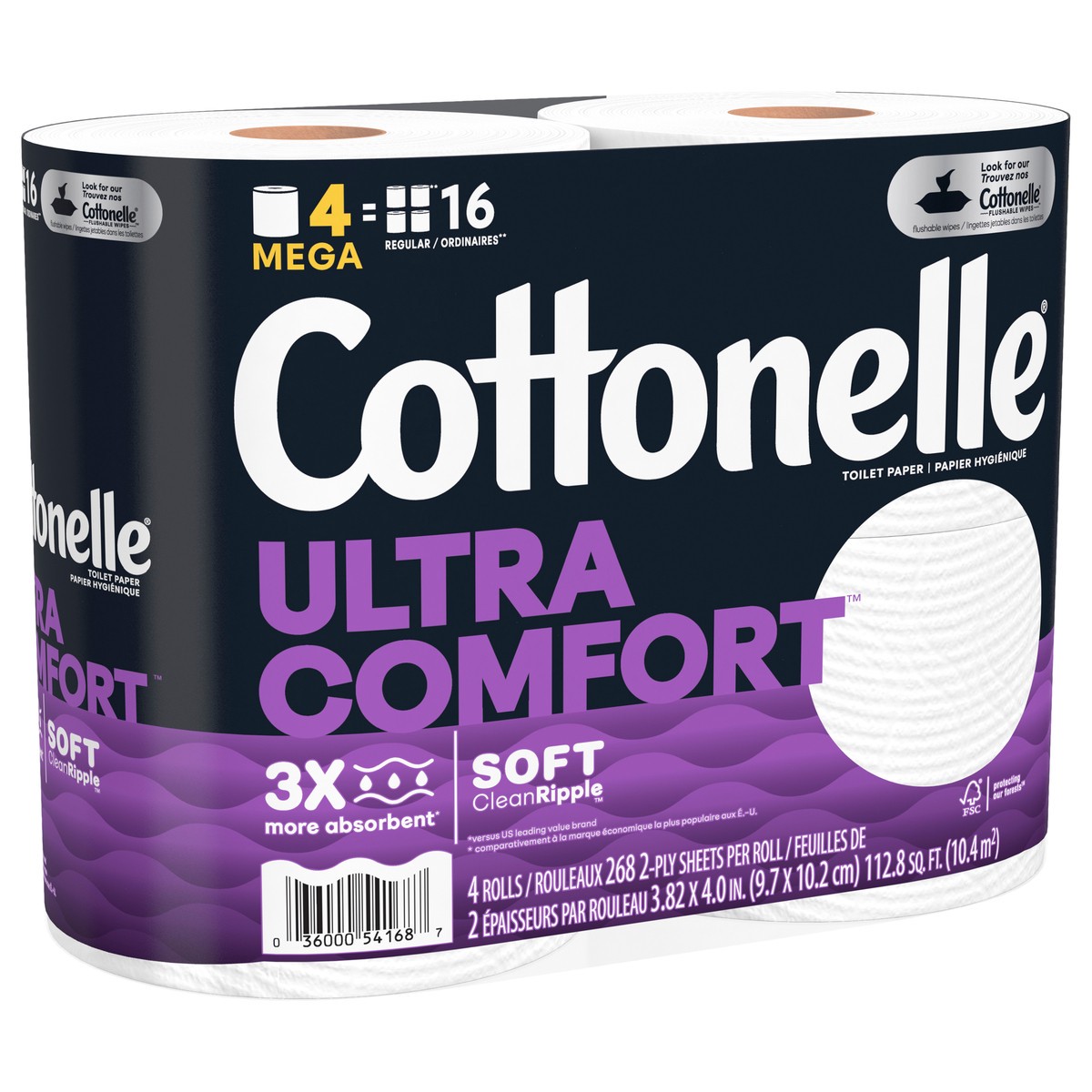 slide 4 of 9, Cottonelle Ultra Comfort Toilet Paper, Strong Toilet Tissue, 4 Mega Rolls (4 Mega Rolls = 16 Regular Rolls), 268 Sheets per Roll, 4 ct