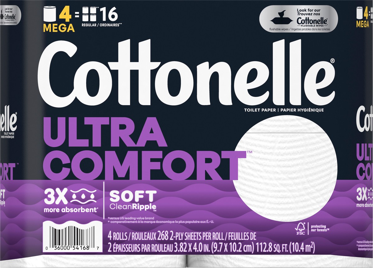 slide 3 of 9, Cottonelle Ultra Comfort Toilet Paper, Strong Toilet Tissue, 4 Mega Rolls (4 Mega Rolls = 16 Regular Rolls), 268 Sheets per Roll, 4 ct