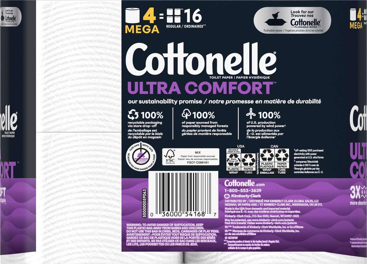 slide 6 of 9, Cottonelle Ultra Comfort Toilet Paper, Strong Toilet Tissue, 4 Mega Rolls (4 Mega Rolls = 16 Regular Rolls), 268 Sheets per Roll, 4 ct