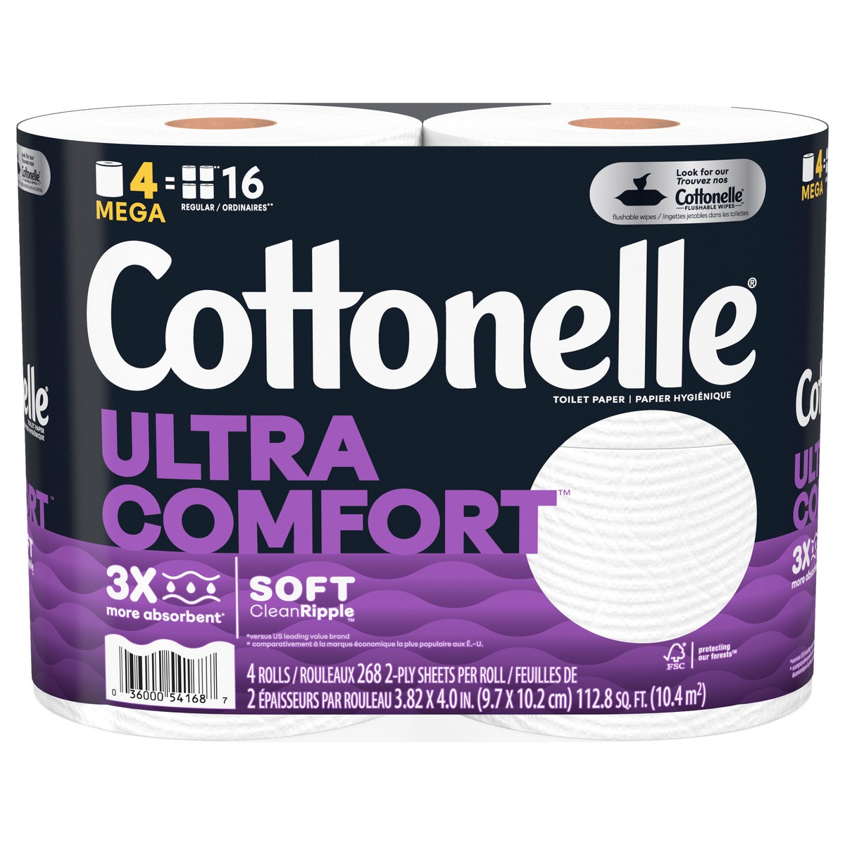 slide 2 of 9, Cottonelle Ultra Comfort Toilet Paper, Strong Toilet Tissue, 4 Mega Rolls (4 Mega Rolls = 16 Regular Rolls), 268 Sheets per Roll, 4 ct