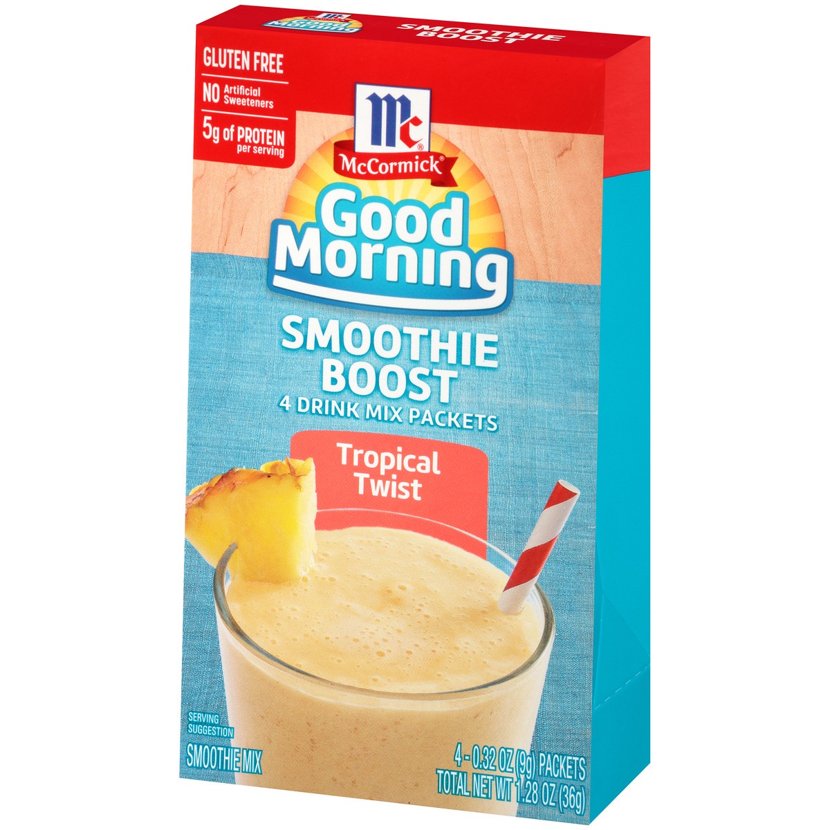 slide 6 of 14, McCormick Good Morning Tropical Twist Smoothie Boost Drink Mix Packets 4-0.32 oz Packets, 1.28 oz