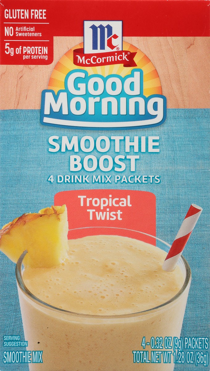 slide 8 of 14, McCormick Good Morning Tropical Twist Smoothie Boost Drink Mix Packets 4-0.32 oz Packets, 1.28 oz