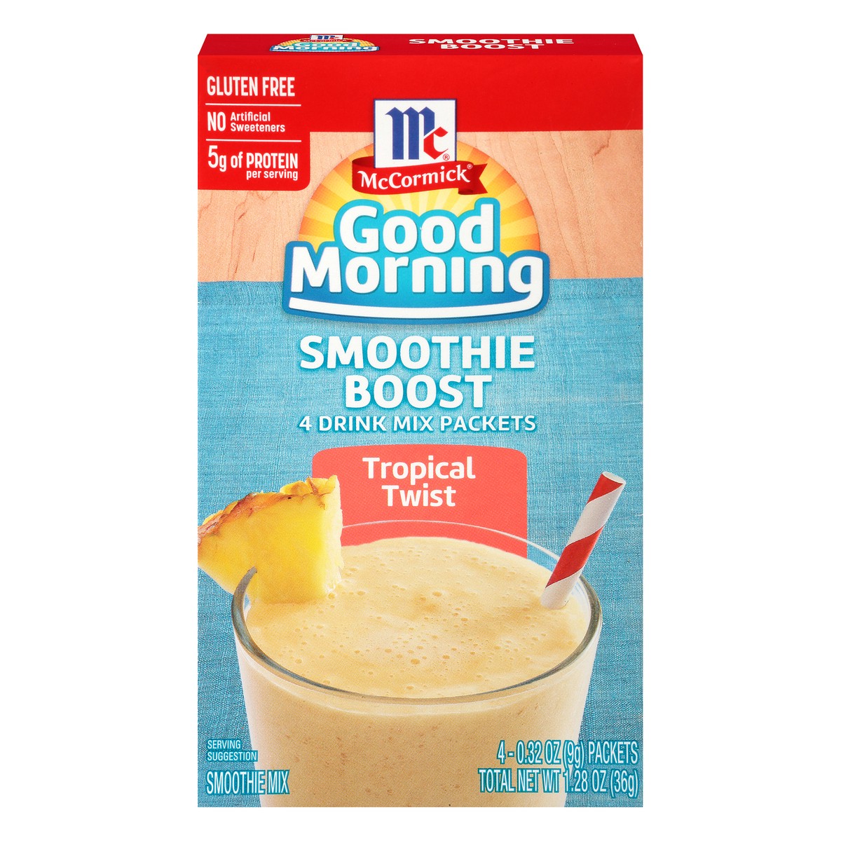 slide 4 of 14, McCormick Good Morning Tropical Twist Smoothie Boost Drink Mix Packets 4-0.32 oz Packets, 1.28 oz