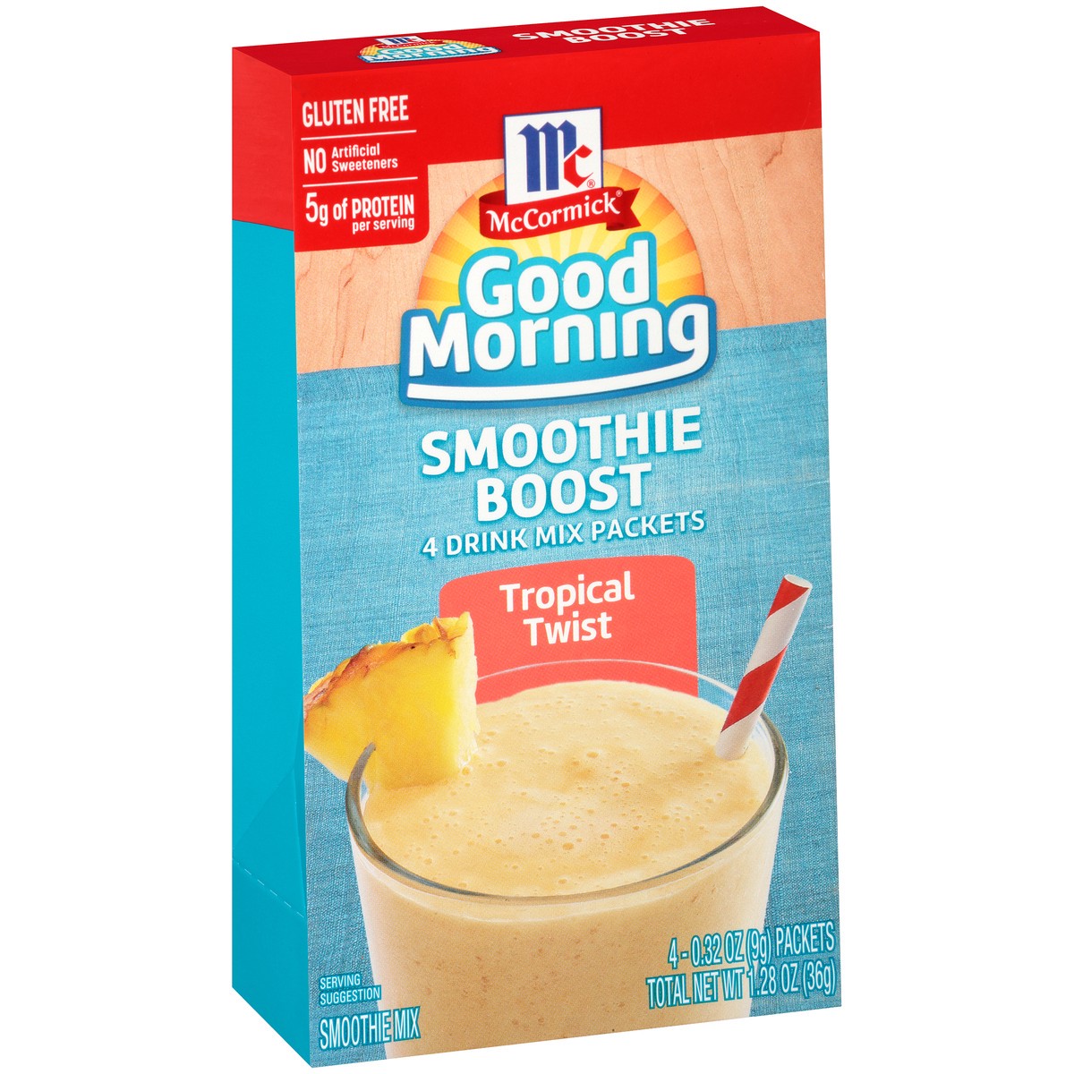 slide 14 of 14, McCormick Good Morning Tropical Twist Smoothie Boost Drink Mix Packets 4-0.32 oz Packets, 1.28 oz