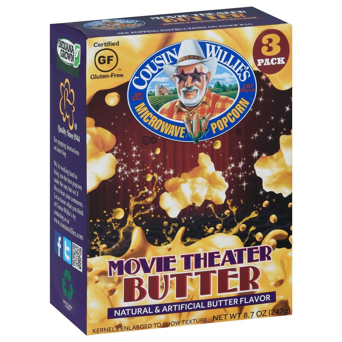 slide 4 of 9, Cousin Willie's 3 Pack Movie Theater Butter Microwave Popcorn 3 ea, 3 ct