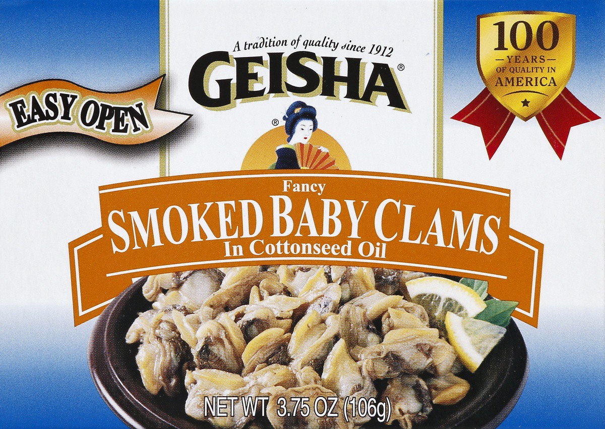 slide 2 of 4, Geisha Clams, Baby, Fancy Smoked, In Cottonseed Oil, 3.75 oz